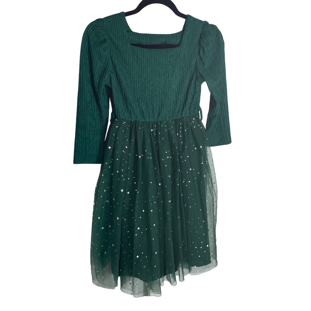 Girls Emerald Green Celestial Star Tulle Festive Holiday Party Dress Long Sleeve